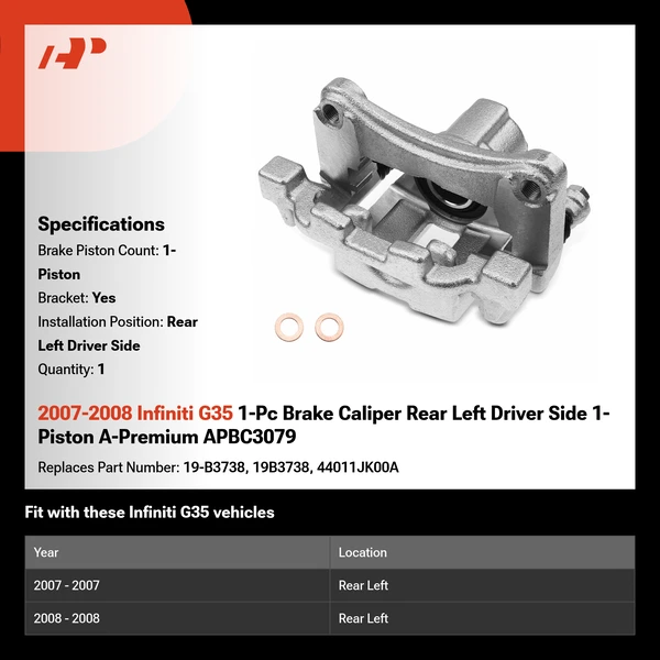 2007-2008 Infiniti G35 1-Pc Brake Caliper Rear Left Driver Side 1-Piston A-Premium APBC3079