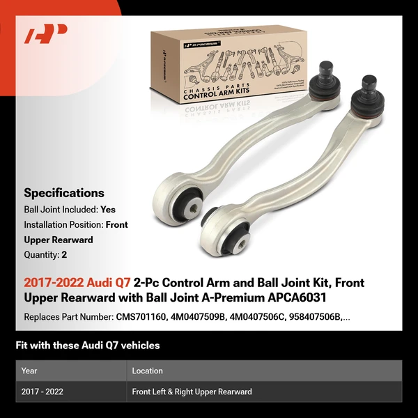2017-2022 Audi Q7 2-Pc Control Arm and Ball Joint Kit, Front Upper Rearward with Ball Joint A-Premium APCA6031