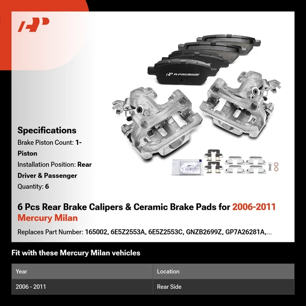 6 Pcs Rear Brake Calipers & Ceramic Brake Pads for 2006-2011 Mercury Milan