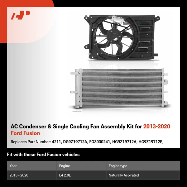 AC Condenser & Single Cooling Fan Assembly Kit for 2013-2020 Ford Fusion