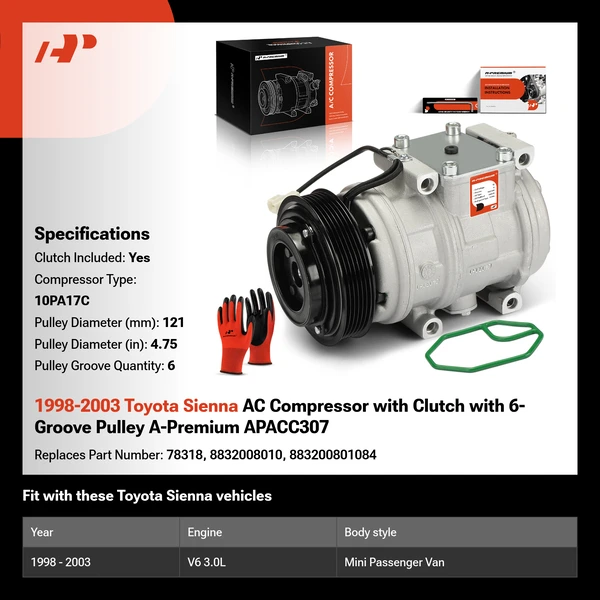1998-2003 Toyota Sienna AC Compressor with Clutch with 6-Groove Pulley A-Premium APACC307