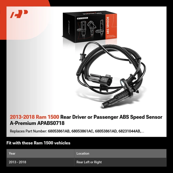 2013-2018 Ram 1500 Rear Driver or Passenger ABS Speed Sensor A-Premium APABS0718