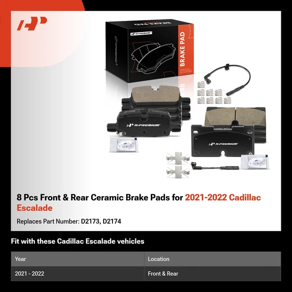 8 Pcs Front & Rear Ceramic Brake Pads for 2021-2022 Cadillac Escalade