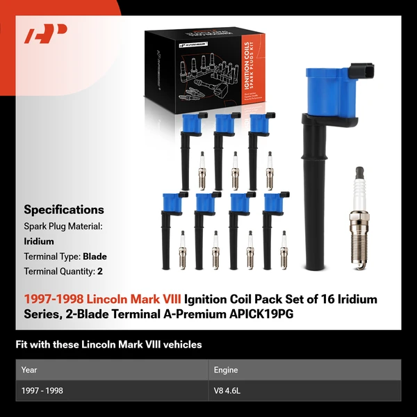 1997-1998 Lincoln Mark VIII Ignition Coil Pack Set of 16 Iridium Series, 2-Blade Terminal A-Premium APICK19PG