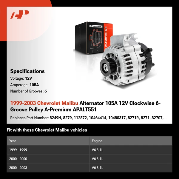 1999-2003 Chevrolet Malibu Alternator 105A 12V Clockwise 6-Groove Pulley A-Premium APALT551