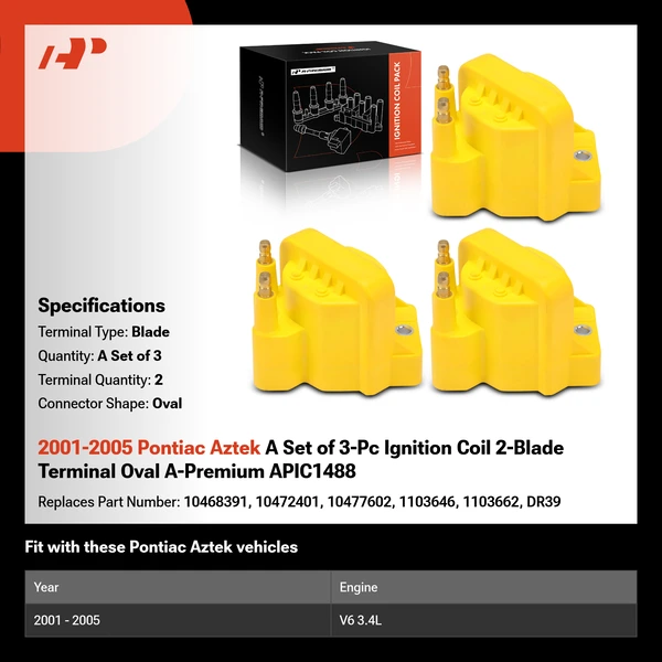 2001-2005 Pontiac Aztek A Set of 3-Pc Ignition Coil 2-Blade Terminal Oval A-Premium APIC1488
