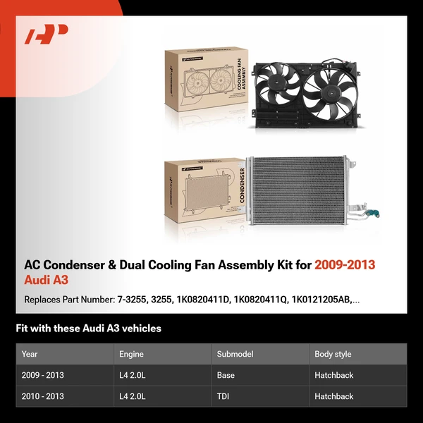 AC Condenser & Dual Cooling Fan Assembly Kit for 2009-2013 Audi A3