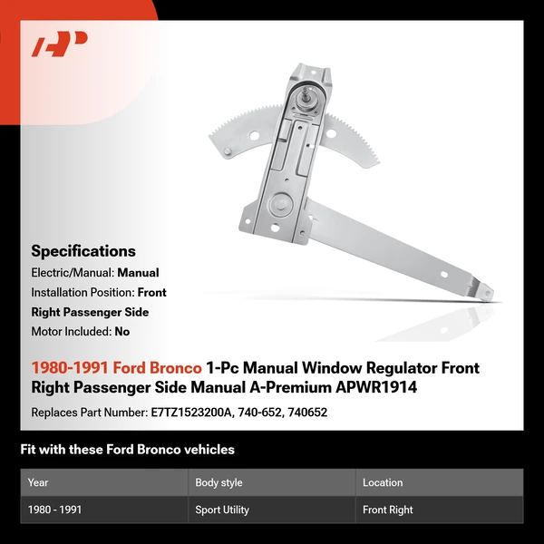 1980-1991 Ford Bronco 1-Pc Manual Window Regulator Front Right Passenger Side Manual A-Premium APWR1914