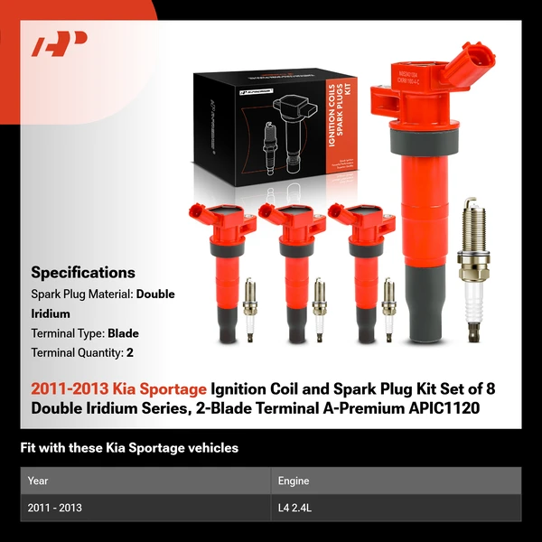 2011-2013 Kia Sportage Ignition Coil and Spark Plug Kit Set of 8 Double Iridium Series, 2-Blade Terminal A-Premium APIC1120