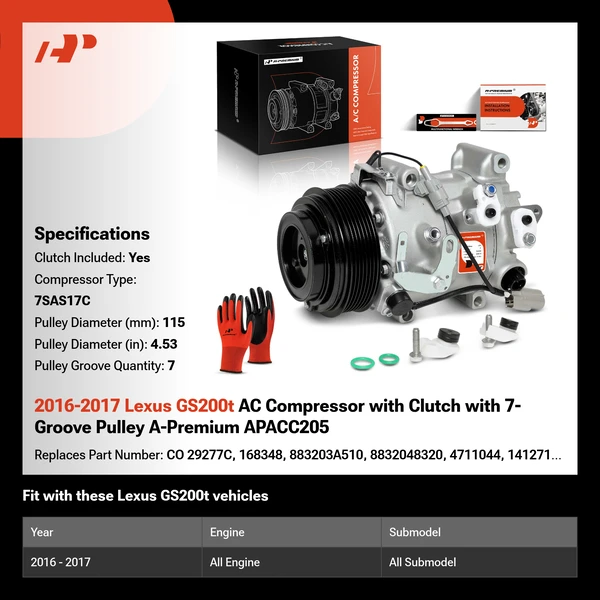 2016-2017 Lexus GS200t AC Compressor with Clutch with 7-Groove Pulley A-Premium APACC205