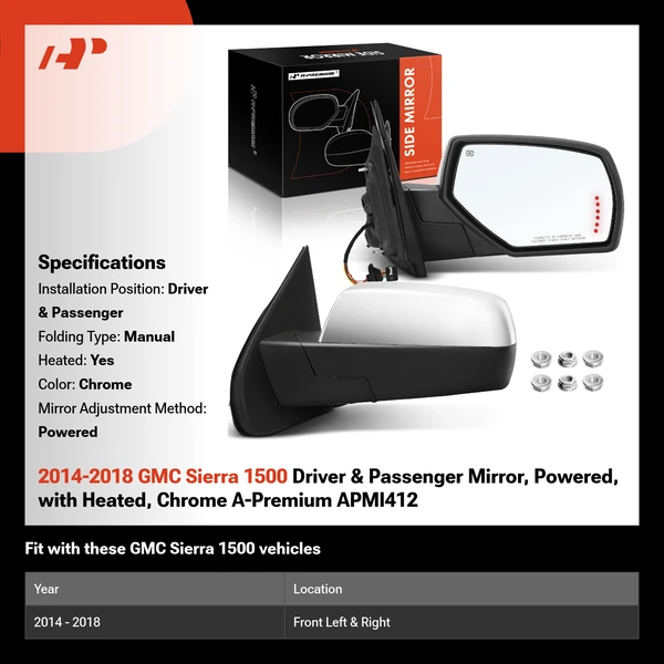 2014-2018 GMC Sierra 1500 Driver & Passenger Mirror, Powered, with Heated, Chrome A-Premium APMI412