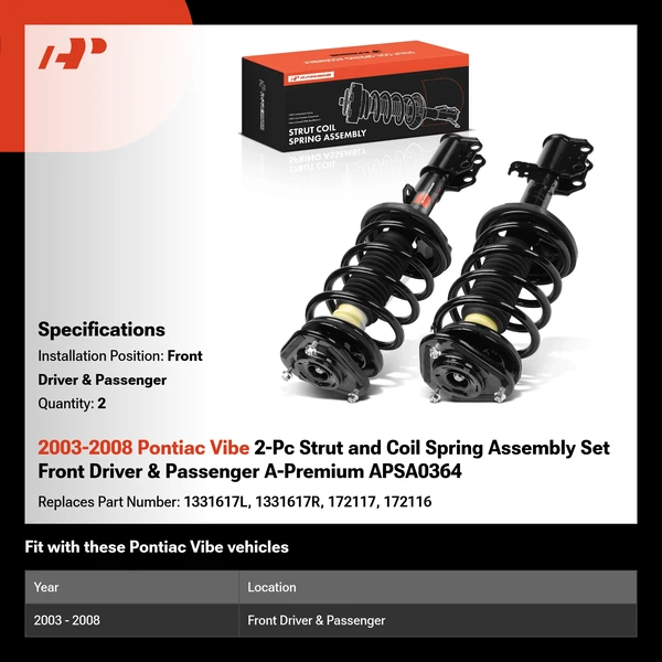 2003-2008 Pontiac Vibe 2-Pc Strut and Coil Spring Assembly Set Front Driver & Passenger A-Premium APSA0364