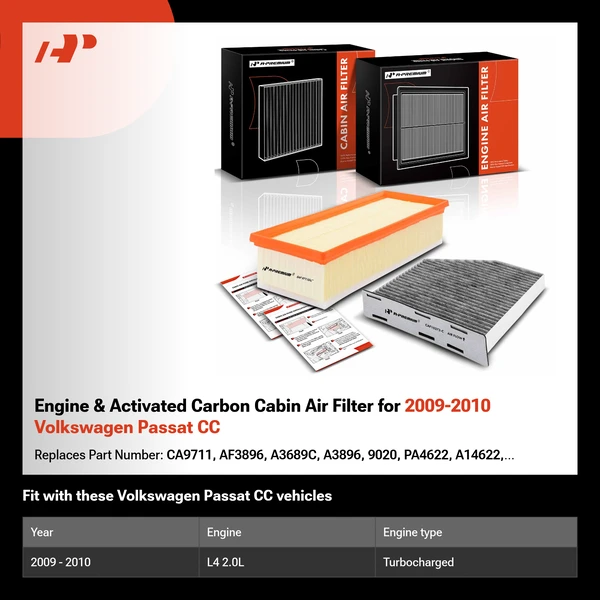 Engine & Activated Carbon Cabin Air Filter for 2009-2010 Volkswagen Passat CC