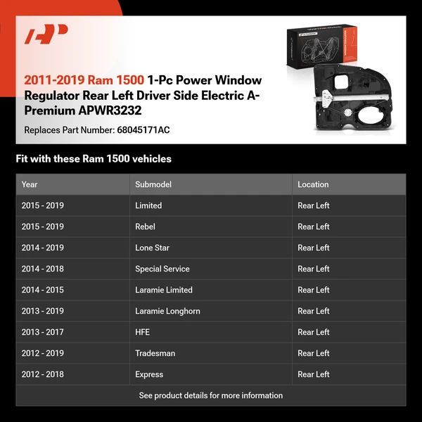 2011-2019 Ram 1500 1-Pc Power Window Regulator Rear Left Driver Side Electric A-Premium APWR3232