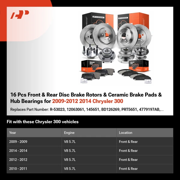 16 Pcs Front & Rear Disc Brake Rotors & Ceramic Brake Pads & Hub Bearings for 2009-2012 2014 Chrysler 300