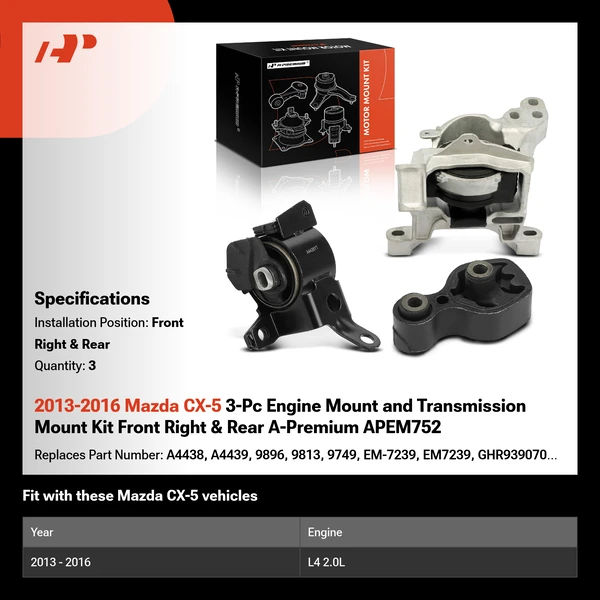 2013-2016 Mazda CX-5 3-Pc Engine Mount and Transmission Mount Kit Front Right & Rear A-Premium APEM752