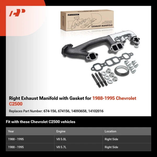 Right Exhaust Manifold with Gasket for 1988-1995 Chevrolet C2500