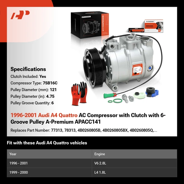 1996-2001 Audi A4 Quattro AC Compressor with Clutch with 6-Groove Pulley A-Premium APACC141