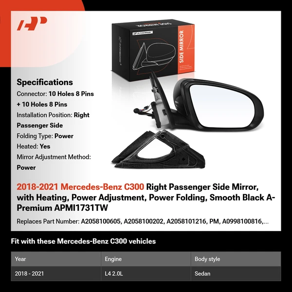 2018-2021 Mercedes-Benz C300 Right Passenger Side Mirror, with Heating, Power Adjustment, Power Folding, Smooth Black A-Premium APMI1731TW
