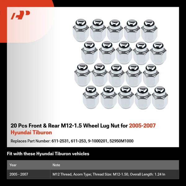 20 Pcs Front & Rear M12-1.5 Wheel Lug Nut for 2005-2007 Hyundai Tiburon