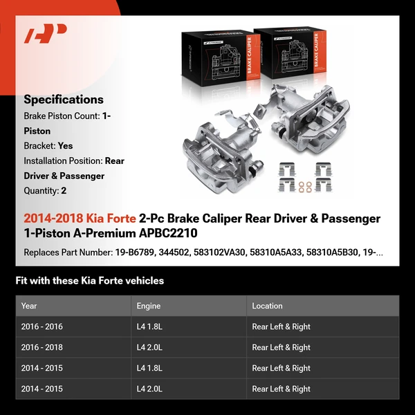2014-2018 Kia Forte 2-Pc Brake Caliper Rear Driver & Passenger 1-Piston A-Premium APBC2210