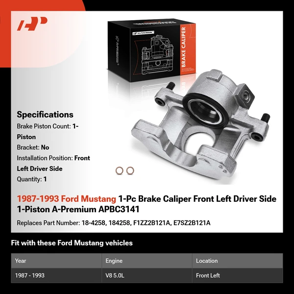 1987-1993 Ford Mustang 1-Pc Brake Caliper Front Left Driver Side 1-Piston A-Premium APBC3141