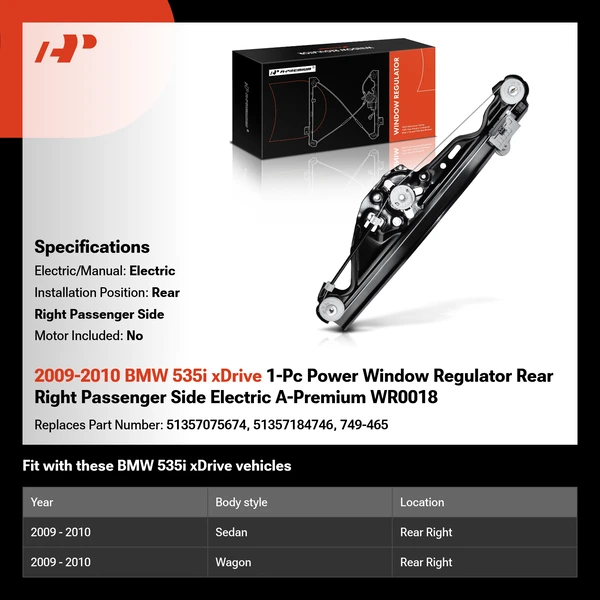 2009-2010 BMW 535i xDrive 1-Pc Power Window Regulator Rear Right Passenger Side Electric A-Premium WR0018