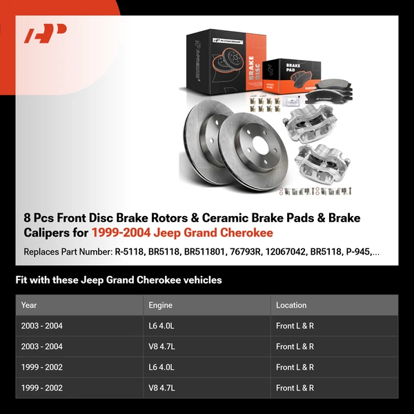 8 Pcs Front Disc Brake Rotors & Ceramic Brake Pads & Brake Calipers for 1999-2004 Jeep Grand Cherokee