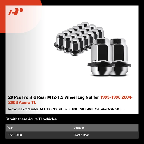 20 Pcs Front & Rear M12-1.5 Wheel Lug Nut for 1995-1998 2004-2008 Acura TL