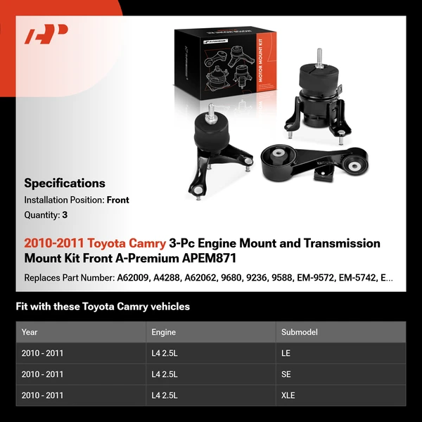 2010-2011 Toyota Camry 3-Pc Engine Mount and Transmission Mount Kit Front A-Premium APEM871
