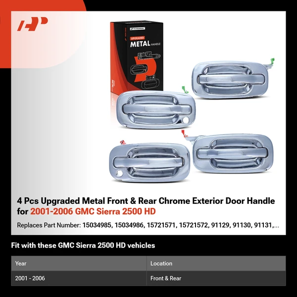 4 Pcs Upgraded Metal Front & Rear Chrome Exterior Door Handle for 2001-2006 GMC Sierra 2500 HD