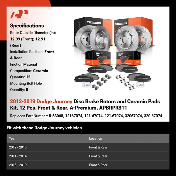 2012-2019 Dodge Journey Disc Brake Rotors and Ceramic Pads Kit, 12 Pcs, Front & Rear, A-Premium, APBRPR311