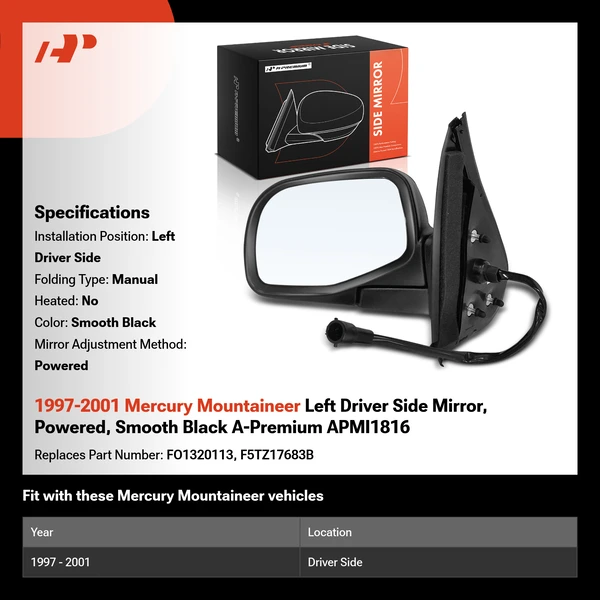 1997-2001 Mercury Mountaineer Left Driver Side Mirror, Powered, Smooth Black A-Premium APMI1816