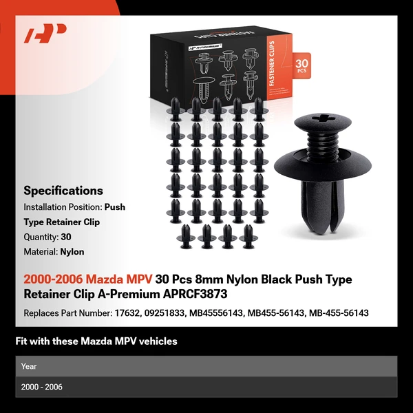 2000-2006 Mazda MPV 30 Pcs 8mm Nylon Black Push Type Retainer Clip A-Premium APRCF3873
