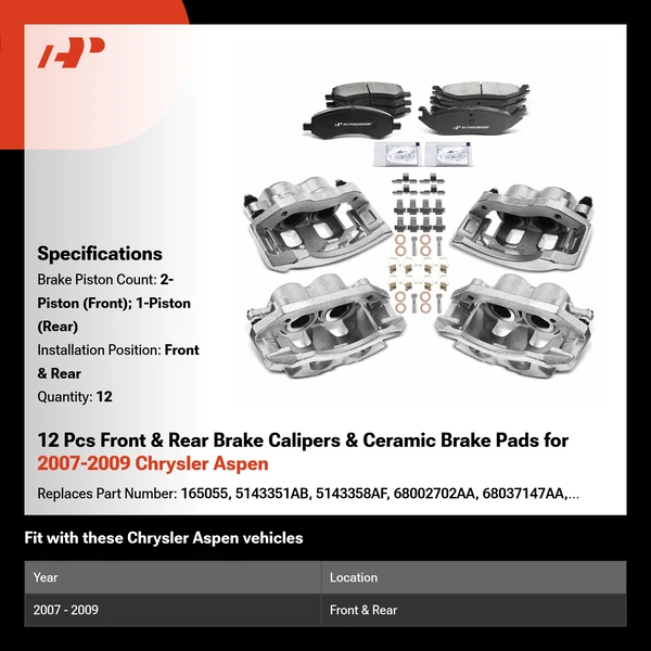 12 Pcs Front & Rear Brake Calipers & Ceramic Brake Pads for 2007-2009 Chrysler Aspen