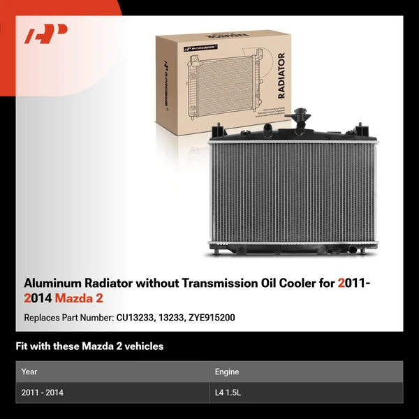 Aluminum Radiator without Transmission Oil Cooler for 2011-2014 Mazda 2