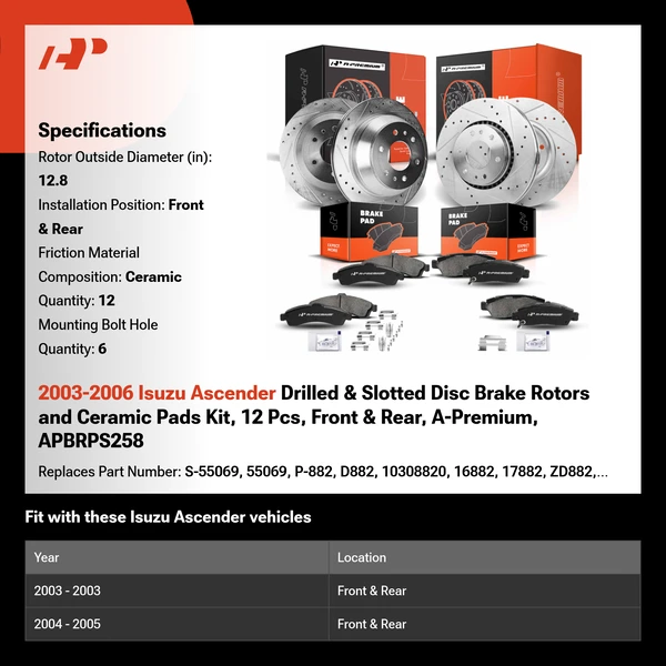 2003-2006 Isuzu Ascender Drilled & Slotted Disc Brake Rotors and Ceramic Pads Kit, 12 Pcs, Front & Rear, A-Premium, APBRPS258