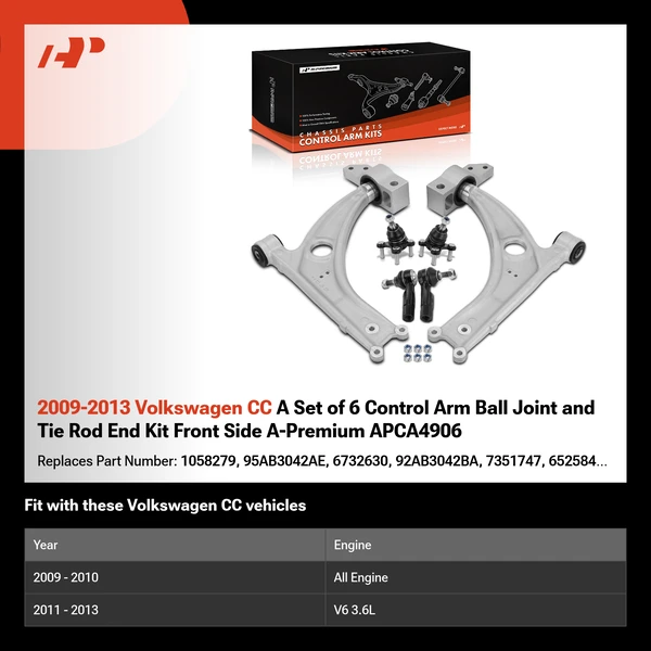 2009-2013 Volkswagen CC A Set of 6 Control Arm Ball Joint and Tie Rod End Kit Front Side A-Premium APCA4906