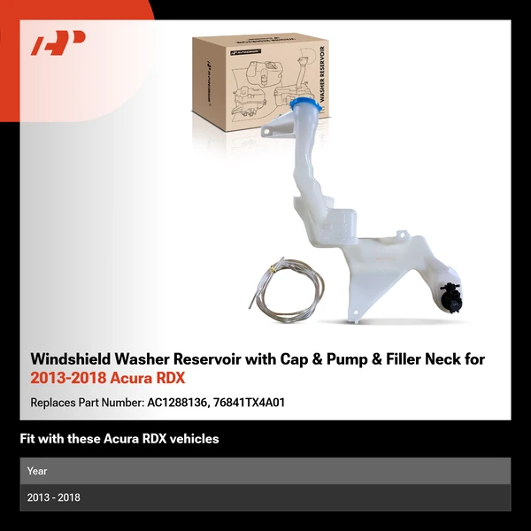 Windshield Washer Reservoir with Cap & Pump & Filler Neck for 2013-2018 Acura RDX