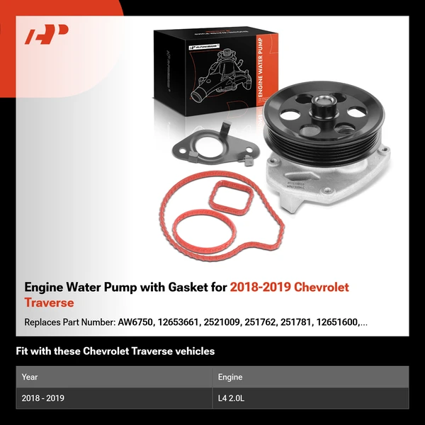 Engine Water Pump with Gasket for 2018-2019 Chevrolet Traverse