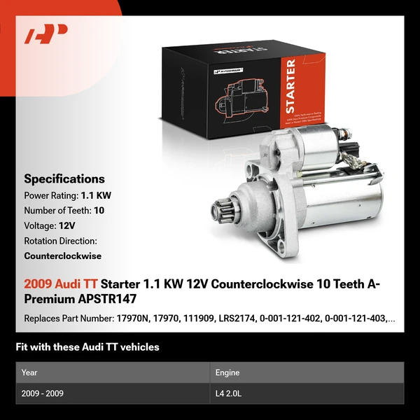 2009 Audi TT Starter 1.1 KW 12V Counterclockwise 10 Teeth A-Premium APSTR147