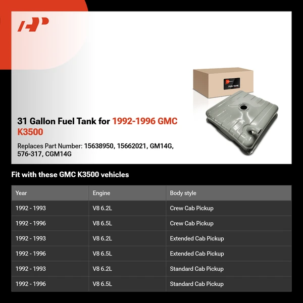 31 Gallon Fuel Tank for 1992-1996 GMC K3500