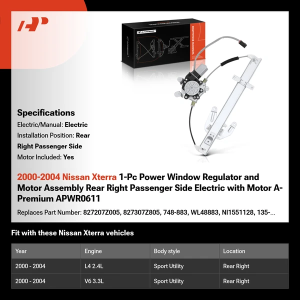 2000-2004 Nissan Xterra 1-Pc Power Window Regulator and Motor Assembly Rear Right Passenger Side Electric with Motor A-Premium APWR0611