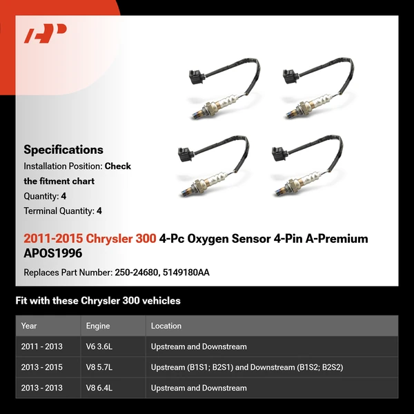 2011-2015 Chrysler 300 4-Pc Oxygen Sensor 4-Pin A-Premium APOS1996