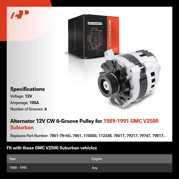 Alternator 12V CW 6-Groove Pulley for 1989-1991 GMC V2500 Suburban