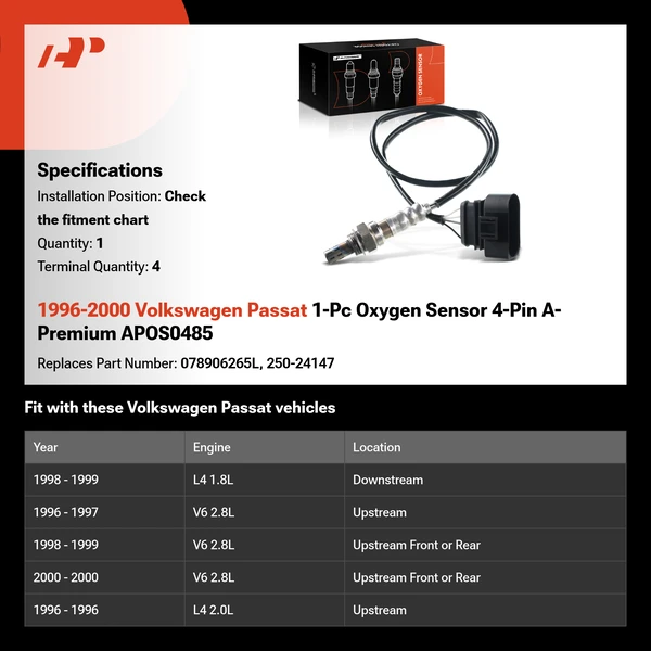 1996-2000 Volkswagen Passat 1-Pc Oxygen Sensor 4-Pin A-Premium APOS0485