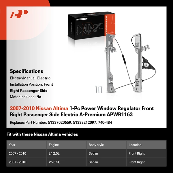 2007-2010 Nissan Altima 1-Pc Power Window Regulator Front Right Passenger Side Electric A-Premium APWR1163