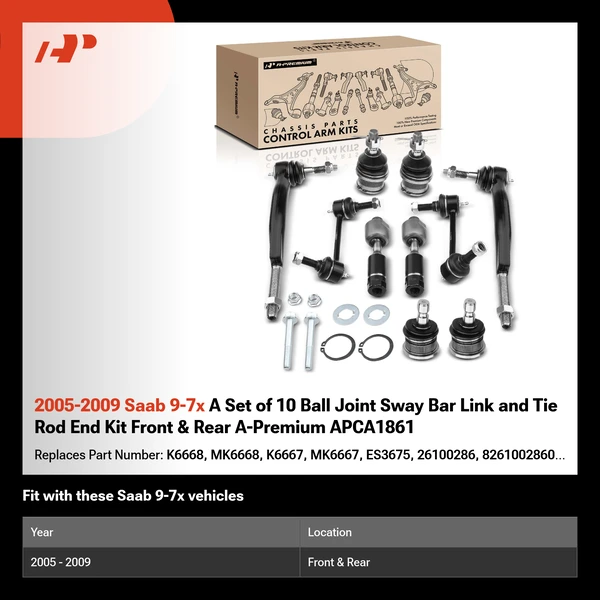 2005-2009 Saab 9-7x A Set of 10 Ball Joint Sway Bar Link and Tie Rod End Kit Front & Rear A-Premium APCA1861