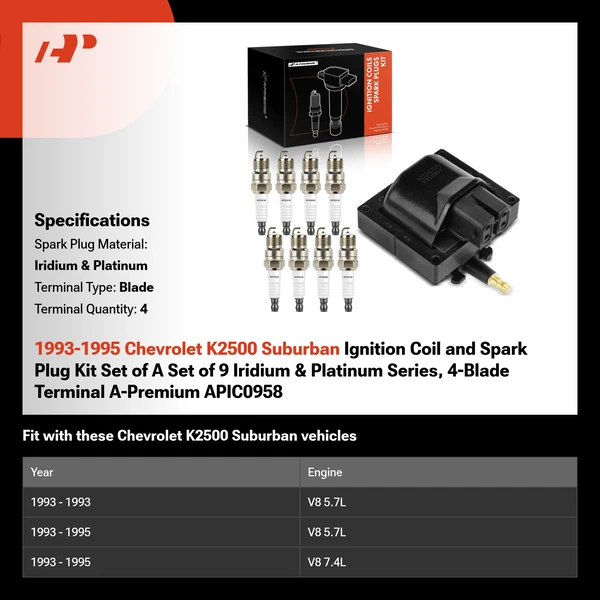 1993-1995 Chevrolet K2500 Suburban Ignition Coil and Spark Plug Kit Set of A Set of 9 Iridium & Platinum Series, 4-Blade Terminal A-Premium APIC0958
