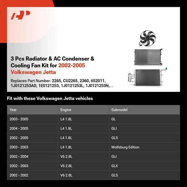 3 Pcs Radiator & AC Condenser & Cooling Fan Kit for 2002-2005 Volkswagen Jetta